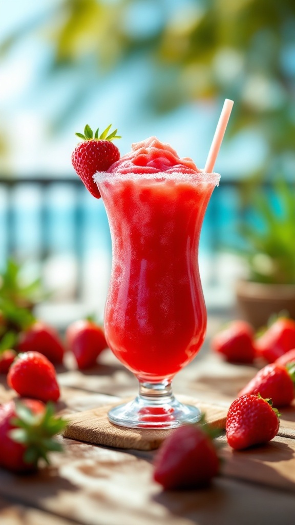A Frozen Strawberry Daiquiri in a tall glass garnished with a fresh strawberry.