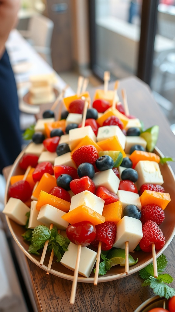 A platter of fruit and cheese kabobs with vibrant fruits and cubes of cheese.
