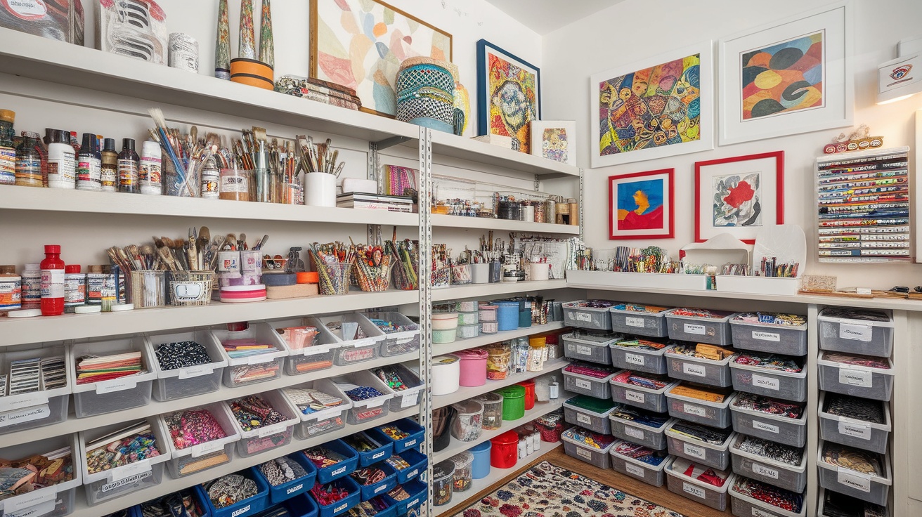 Organized arts and crafts storage with various supplies in labeled bins.