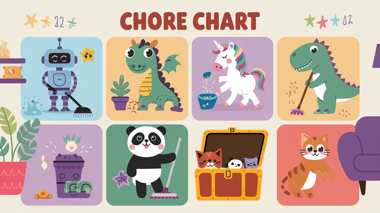 A colorful chore chart featuring cute characters like a robot, dragon, unicorn, panda, and a dinosaur.