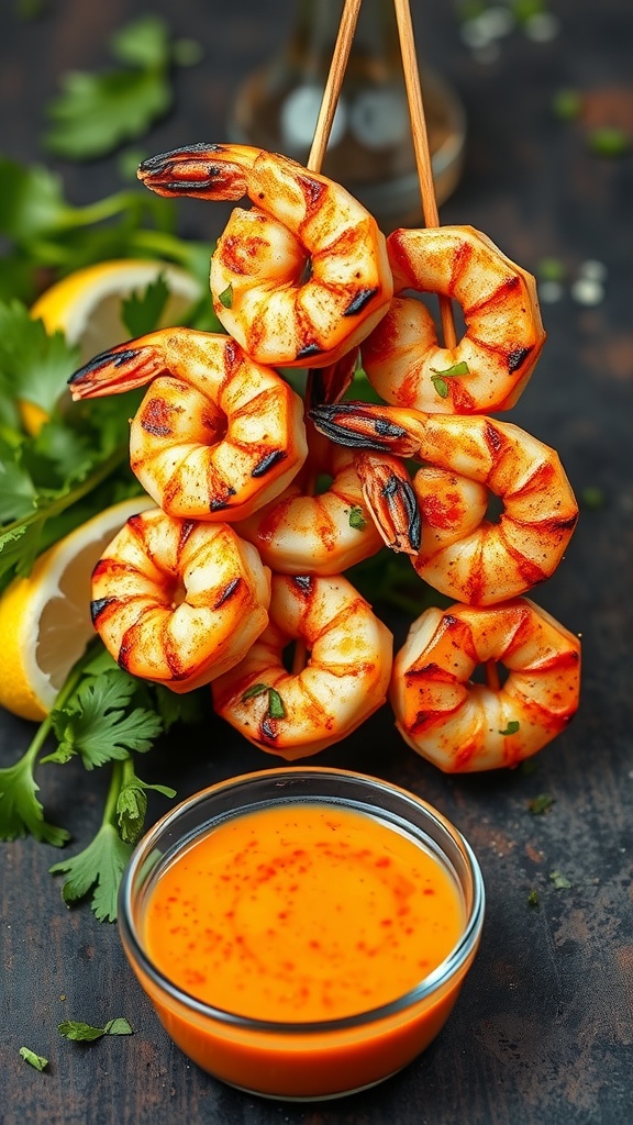 Garlic butter grilled shrimp skewered and served with dipping sauce.