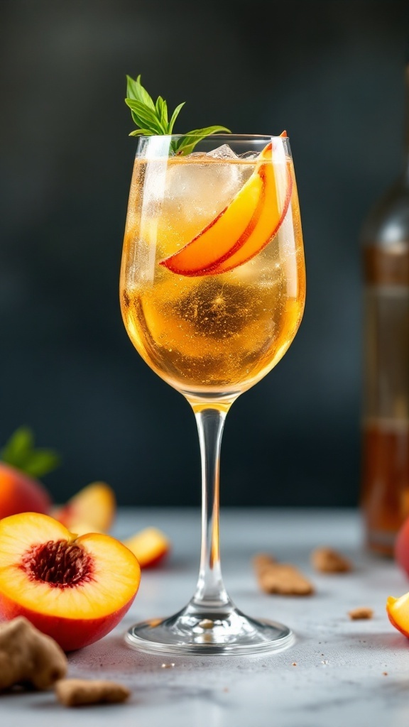 A refreshing Ginger Peach Sparkler mocktail in a glass, garnished with peach slices.