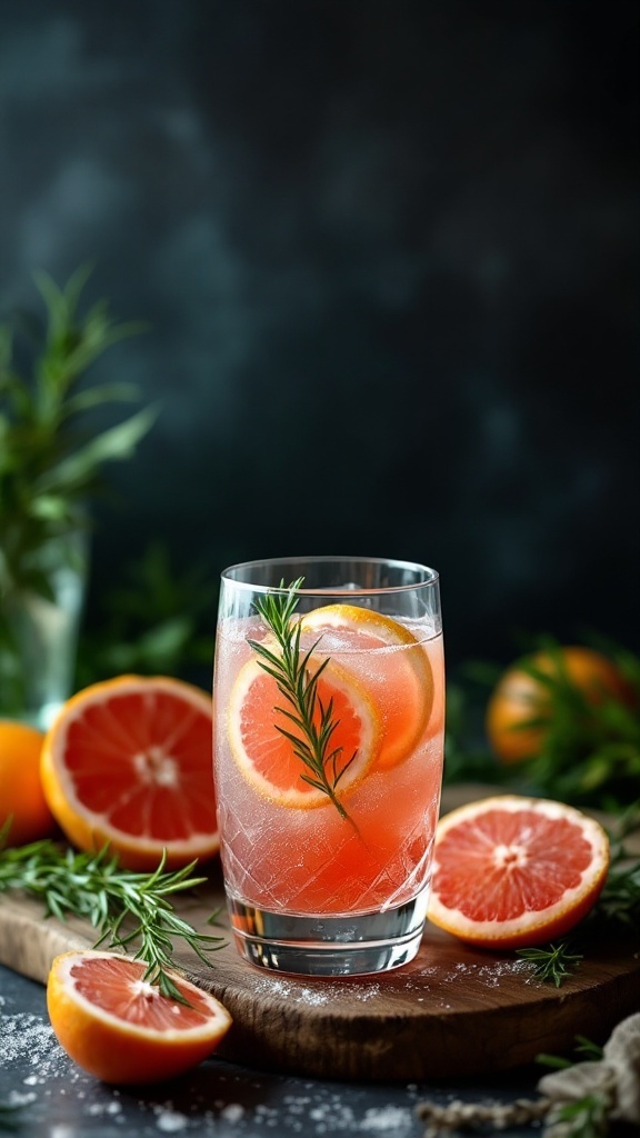 A refreshing Grapefruit Rosemary Spritz cocktail garnished with rosemary and grapefruit slices.