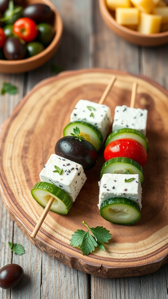 Greek salad skewers with cucumbers, olives, tomatoes, and feta cheese on a wooden platter.