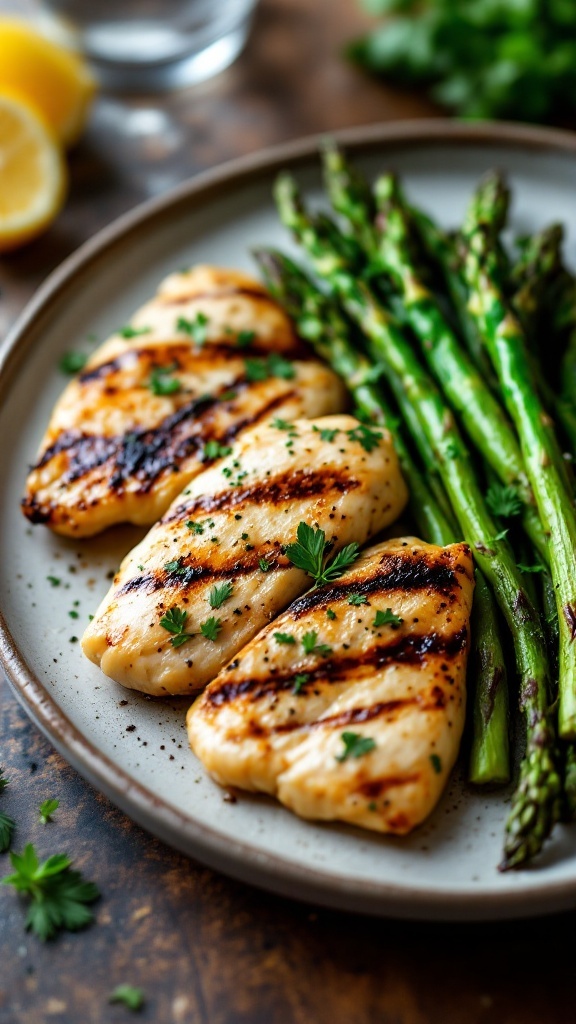 Grilled lemon herb chicken served with asparagus on a plate