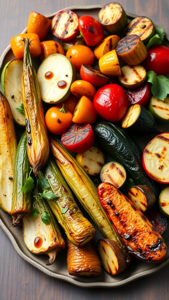 A vibrant platter of grilled vegetables including zucchini, bell peppers, and eggplant.