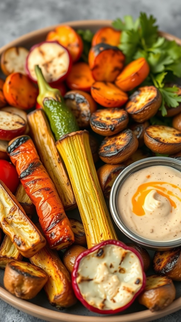 A colorful platter of grilled vegetables with dipping sauce.