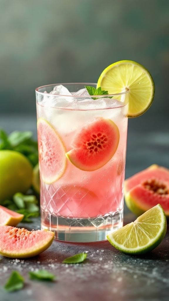 A refreshing Guava Lime Cooler mocktail with guava slices and lime wedges.