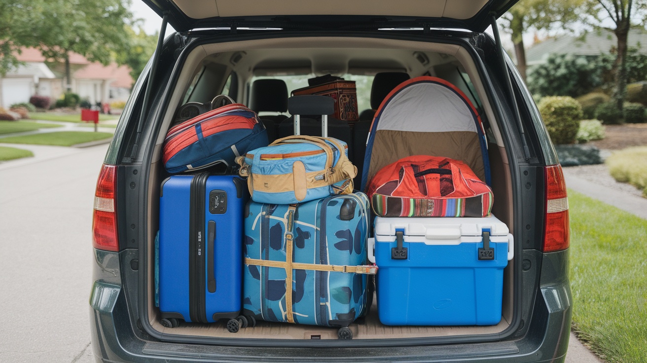 Packed car trunk for a road trip with luggage and coolers.