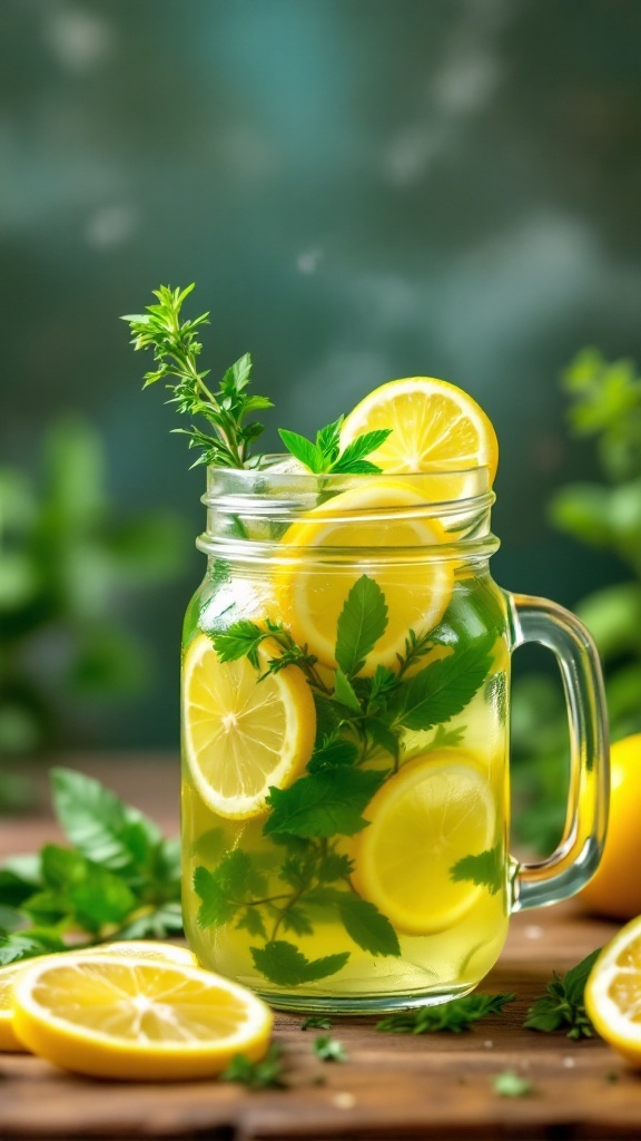 Herbal green tea lemonade with lemon slices and fresh mint leaves in a mason jar.