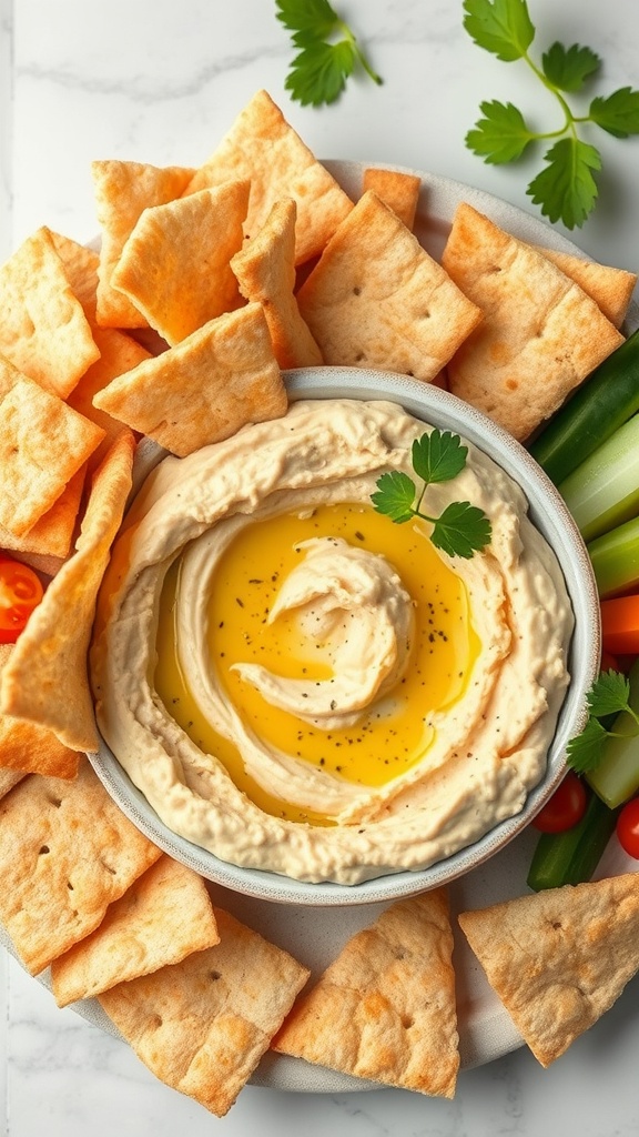 A bowl of homemade hummus drizzled with olive oil, surrounded by golden brown pita chips and fresh vegetables.