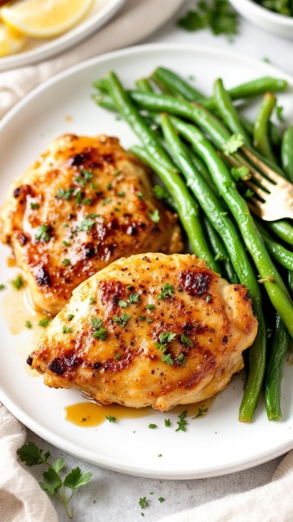 Honey garlic chicken thighs served with green beans on a plate.