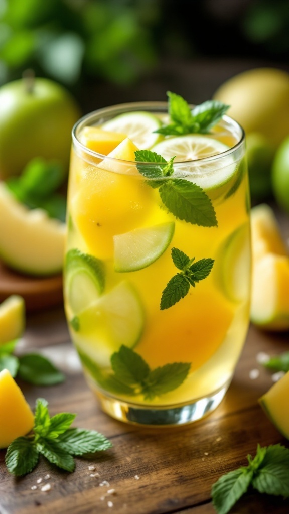 A refreshing Honeydew Green Tea Punch in a glass with lime slices and mint leaves.