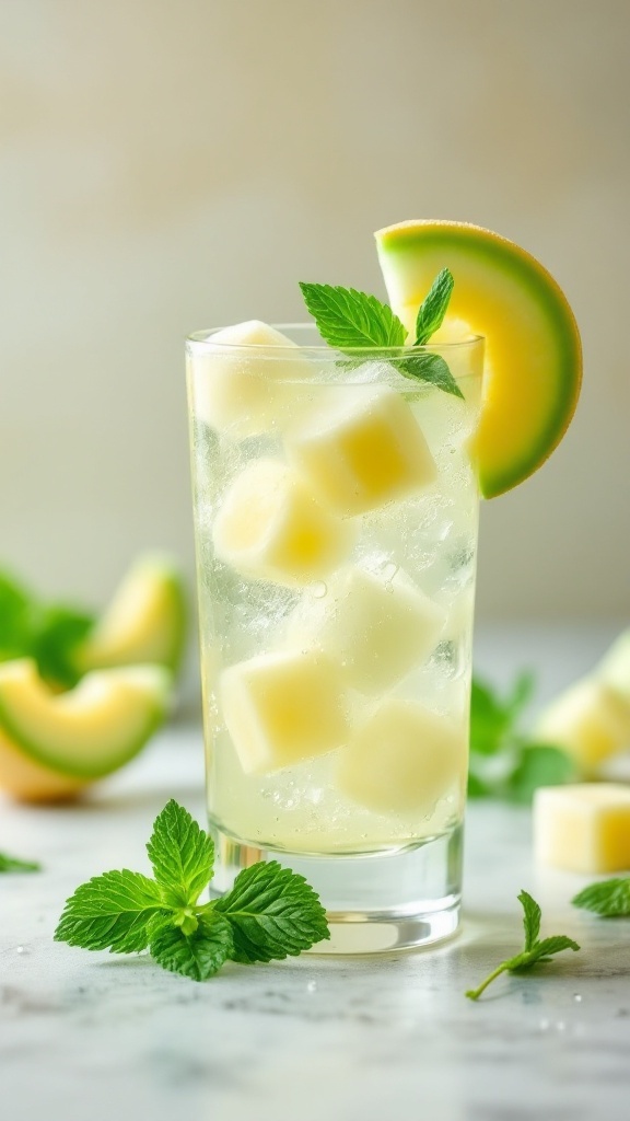 A tall glass of Honeydew Melon Cooler with ice cubes and mint leaves.