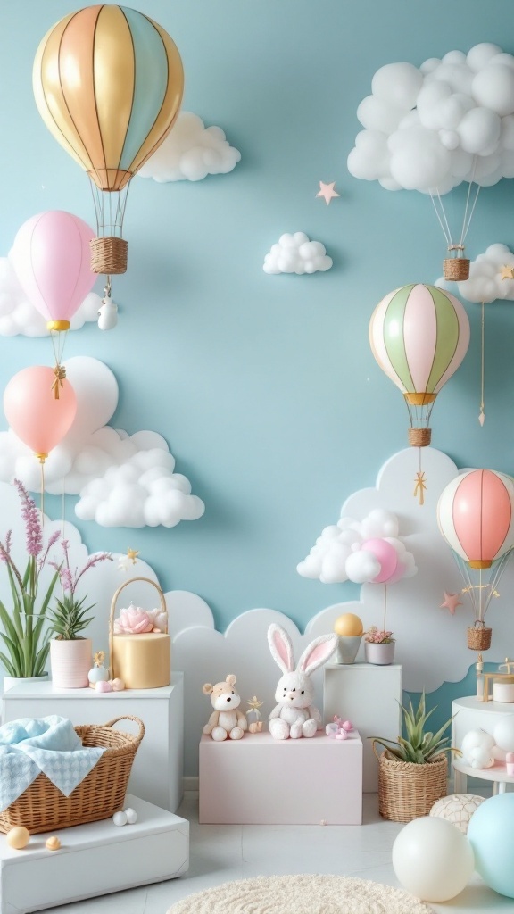 Decorative hot air balloons and plush toys for a baby shower theme.