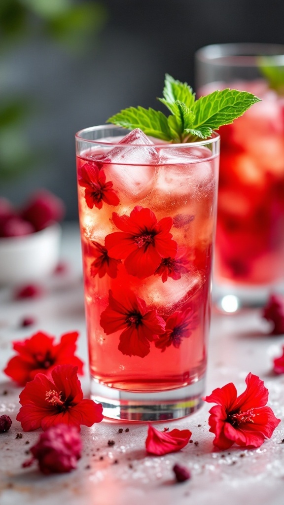 A tall glass of iced hibiscus tea, garnished with mint leaves and hibiscus flowers.