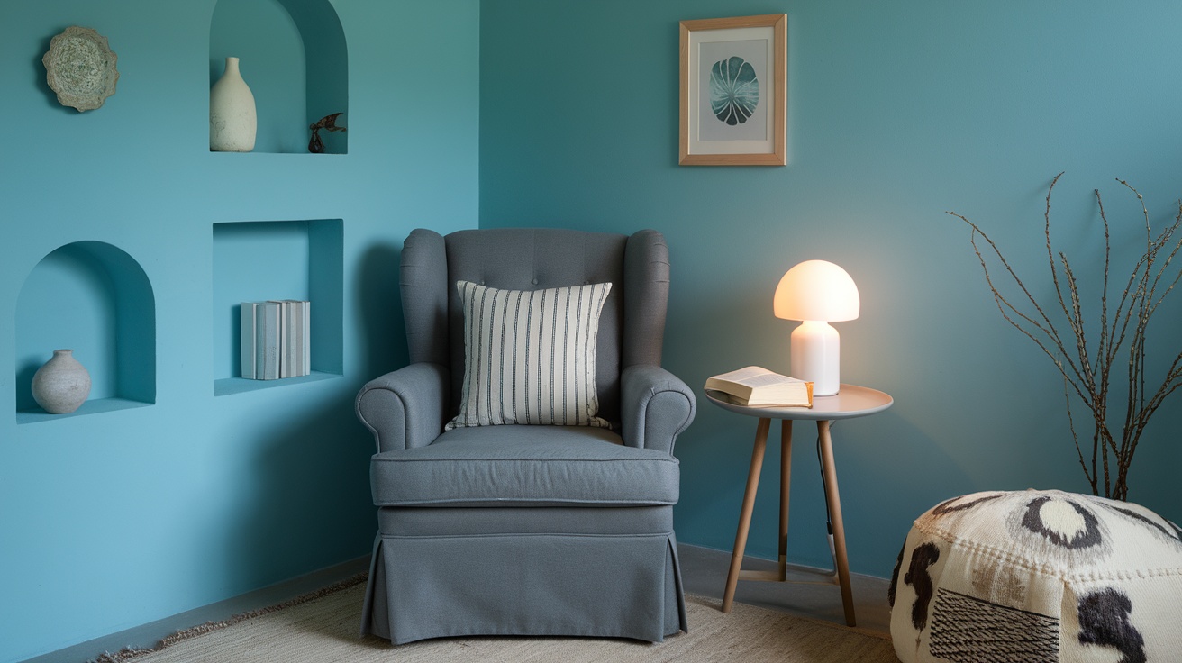 A cozy corner with a chair, lamp, and decorative items for relaxation.