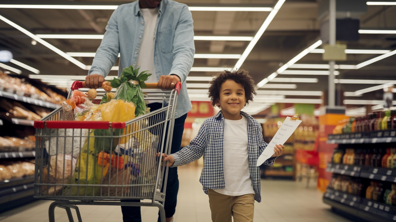 A child happily holding a shopping list while accompanying an adult in a grocery store.