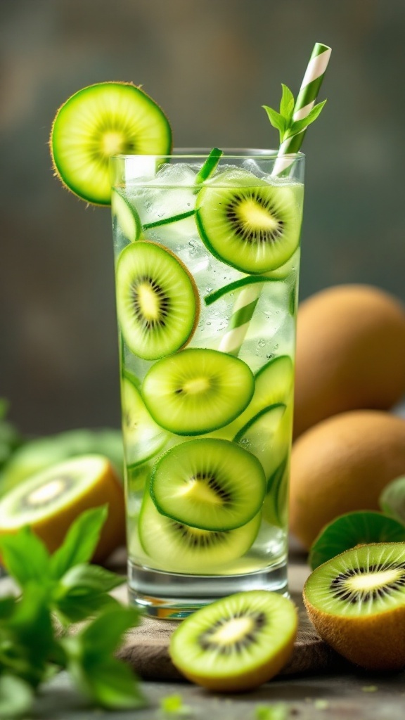 A tall glass of Kiwi Cucumber Cooler with mint leaves and cucumber slices.