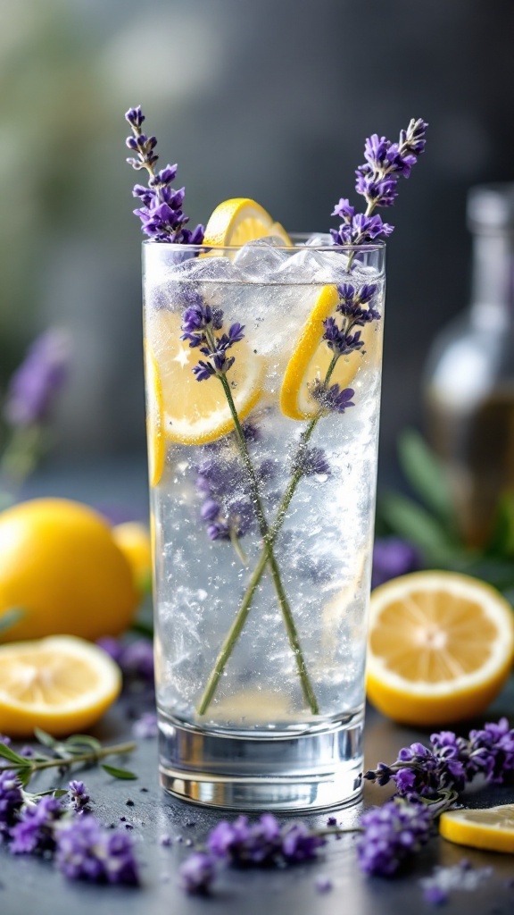 A tall glass of Lavender Lemon Sparkler with lemon slices and lavender sprigs, surrounded by fresh lemons and lavender flowers.