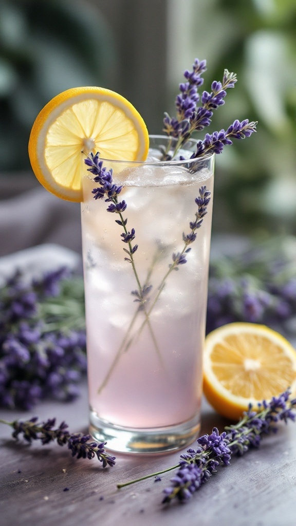 A tall glass of lavender lemonade with ice cubes, garnished with lemon slices and lavender sprigs.