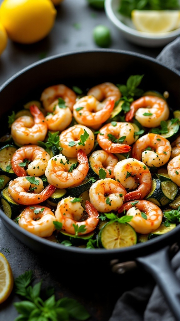 Shrimp and zucchini cooked with lemon and herbs in a pan.