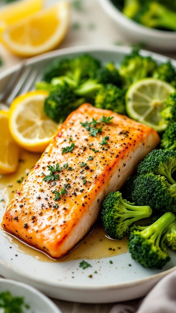 Plate of lemon garlic butter salmon with broccoli and lemon slices.