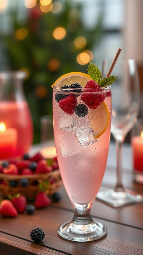 A refreshing Lemonade Sparkler drink garnished with fresh berries and a lemon slice.