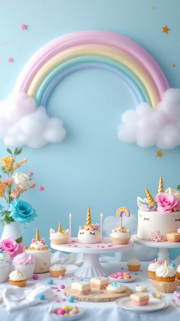 A colorful unicorn-themed baby shower table with cupcakes, cakes, and decorations.