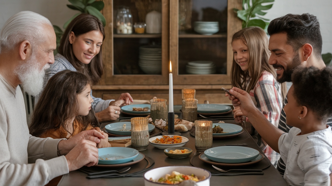 A family enjoying dinner together at a table.