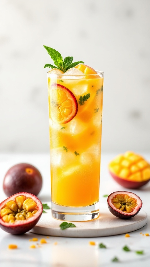 A refreshing Mango Passionfruit Spritz cocktail with ice cubes and garnished with mint leaves.