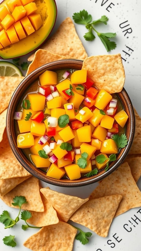 Mango salsa with tortilla chips arranged creatively.