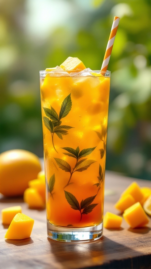 A tall glass of Mango Tango Iced Tea with mango chunks and mint leaves.