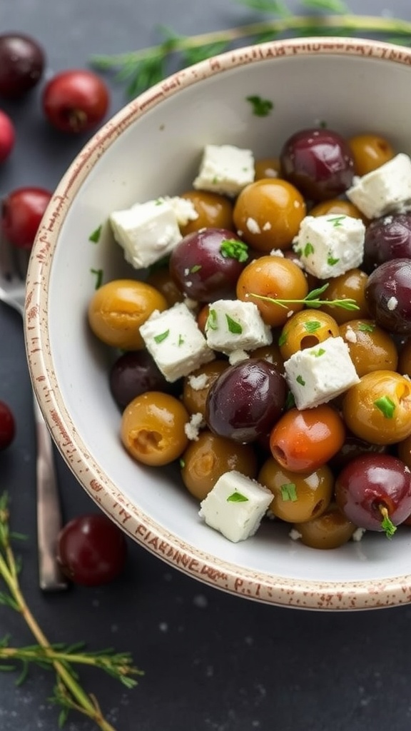 A bowl of marinated olives with feta cheese, garnished with herbs.