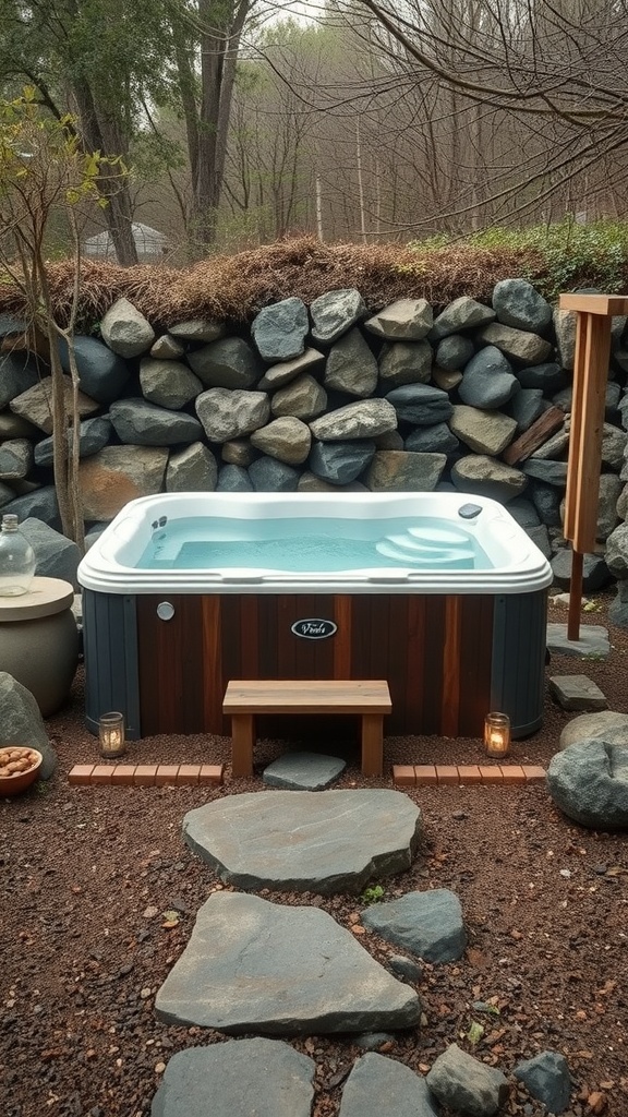 A stone path leading to a hot tub surrounded by rocks and greenery.