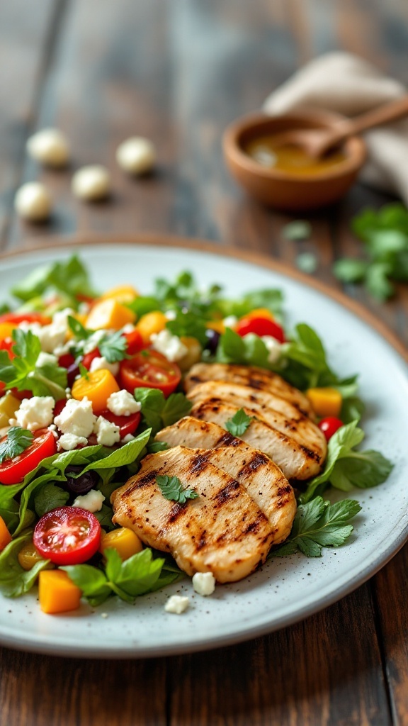 A vibrant Mediterranean grilled chicken salad with grilled chicken breast, colorful vegetables, and feta cheese on a plate.