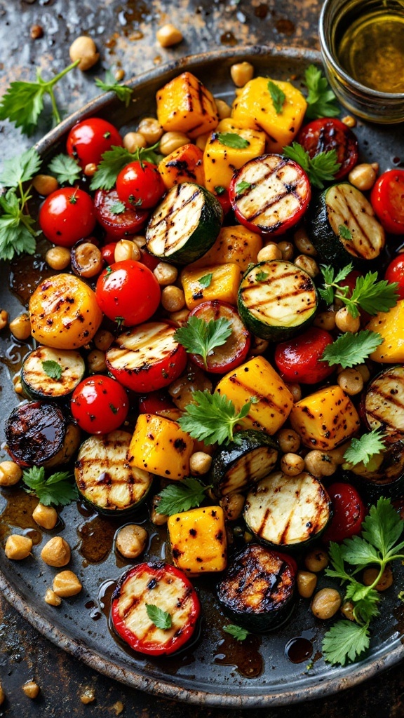 A vibrant platter of grilled vegetables including zucchini, bell peppers, and cherry tomatoes, drizzled with olive oil.