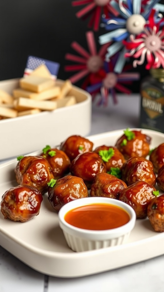 A platter of mini BBQ meatballs with dipping sauce, garnished with parsley and a festive background.