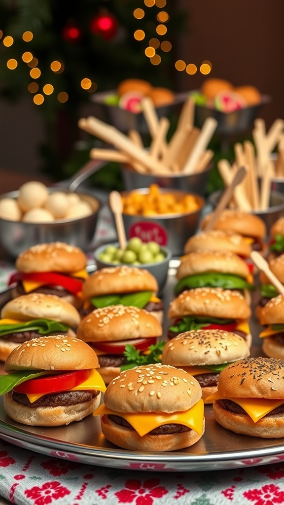 A tray of mini cheeseburgers with various toppings and sides.