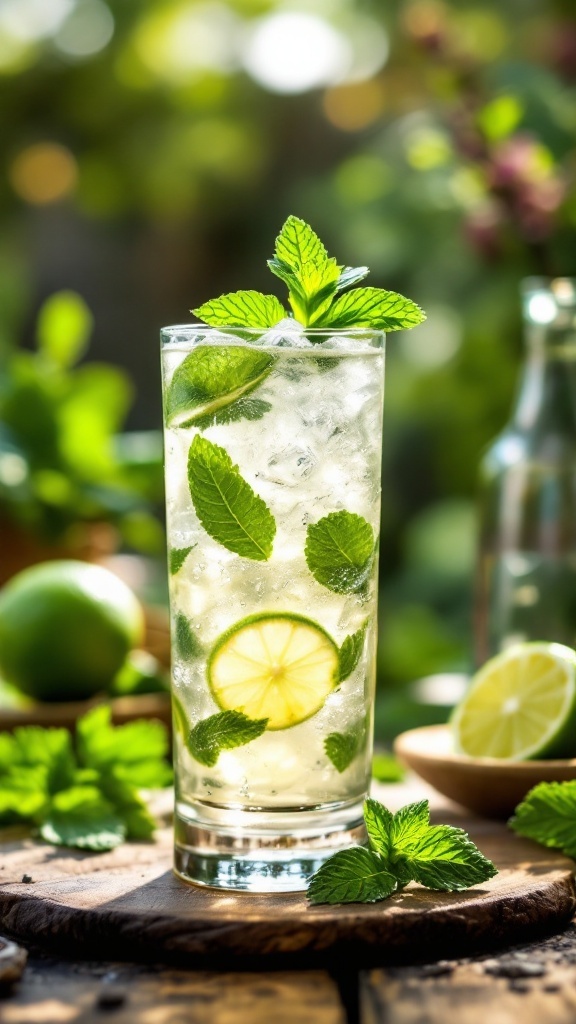 A refreshing Mint Lime Sparkler drink in a tall glass, garnished with fresh mint leaves and lime slices.