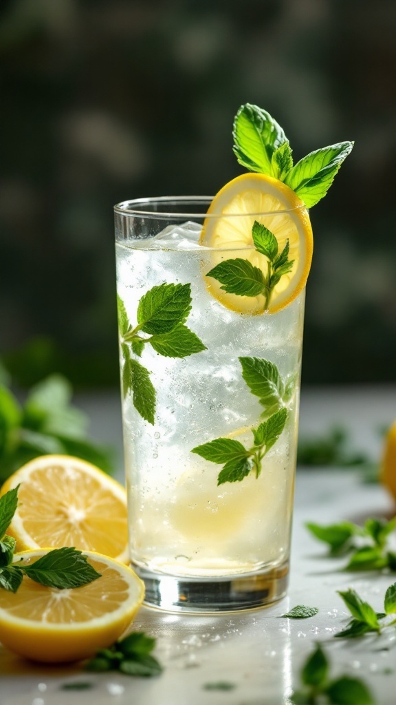 A refreshing Minted Lemon Basil Cooler with mint leaves and lemon slices in a collins glass