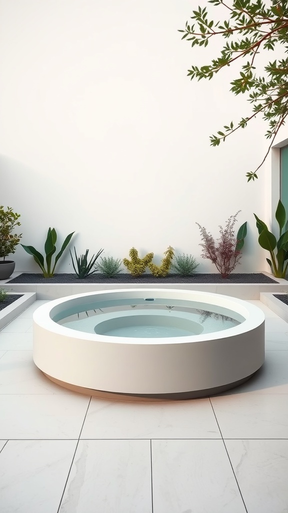 A modern minimalist hot tub surrounded by clean landscaping and neutral tones.