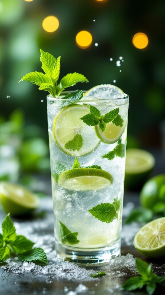 A tall glass of mojito mocktail with lime slices and mint leaves