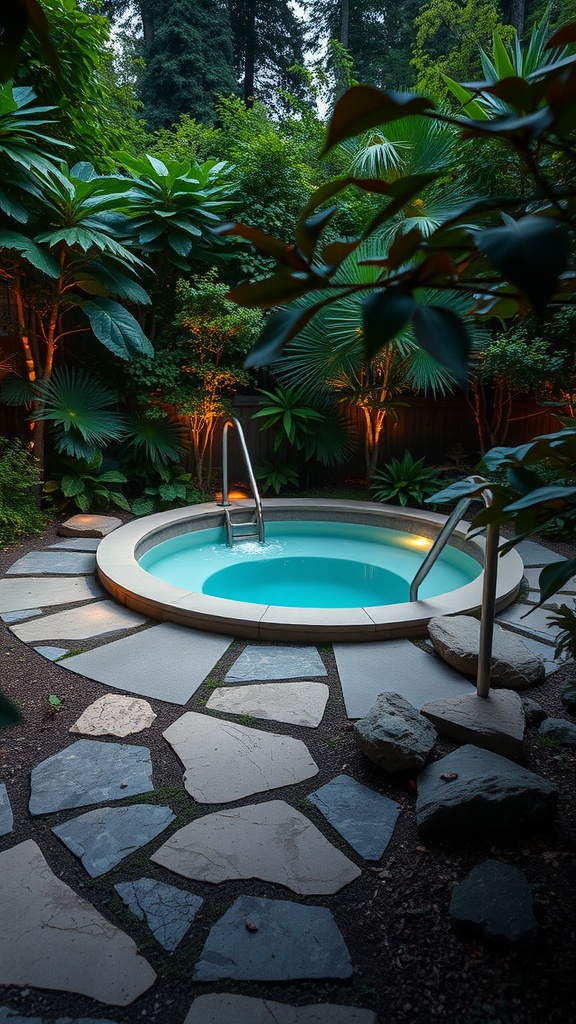 Hot tub surrounded by a natural stone pathway and lush greenery.