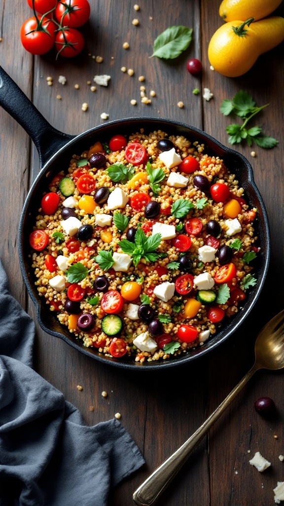A colorful dish of Mediterranean quinoa with cherry tomatoes, olives, and feta cheese.