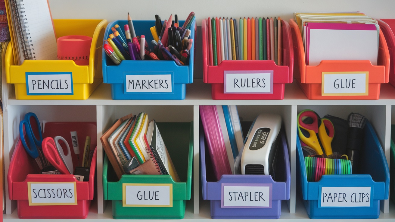 Colorful bins filled with school supplies like pencils, markers, and glue.