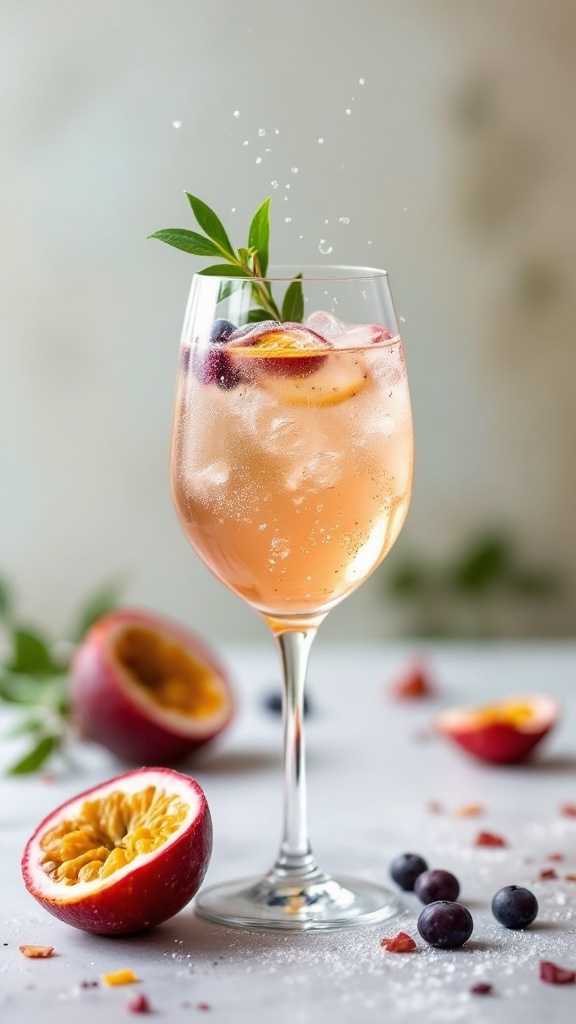 A refreshing Passion Fruit Fizz mocktail in a glass, garnished with fresh mint leaves and surrounded by passion fruits.
