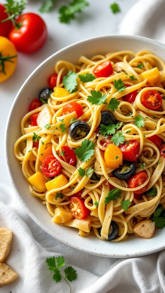 A bowl of pasta primavera with colorful vegetables and herbs.