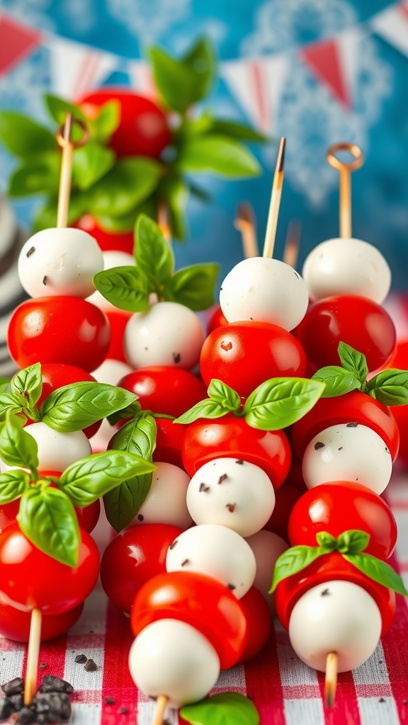 Patriotic Caprese skewers with cherry tomatoes, mozzarella, and basil on a red and white checkered tablecloth.