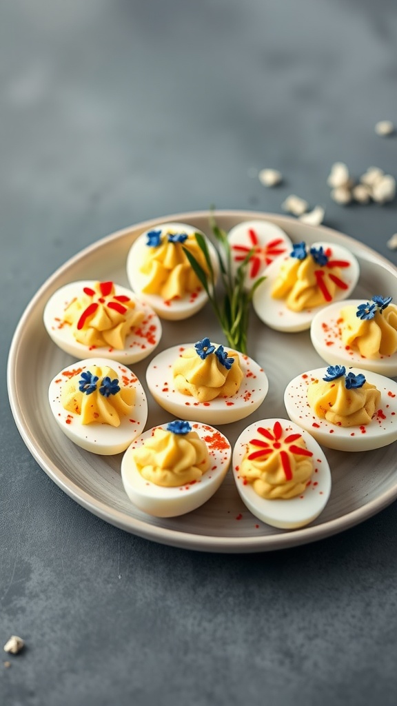 A plate of creatively decorated deviled eggs with red and blue toppings for a patriotic theme.
